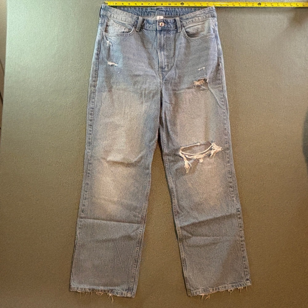 H&M &Denim Ultra High Waist Wide Leg Distressed Jeans Womens 14 Blue Denim - Picture 2 of 8